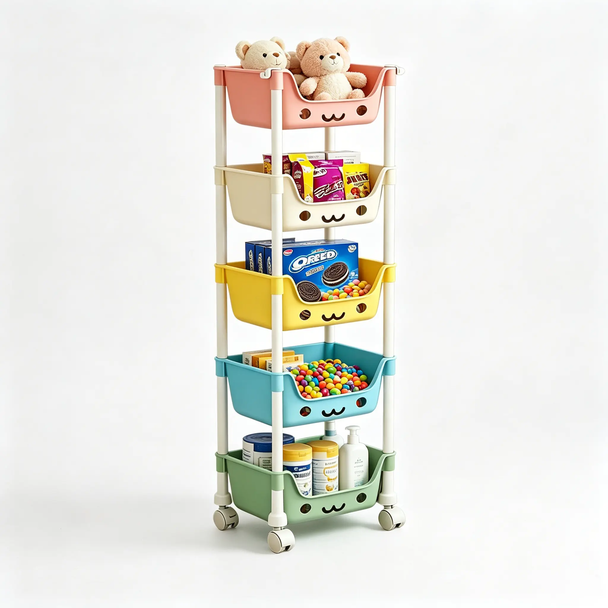 5-Tier Multi-Layer Rectangle Candy Display Rack with Golden Tube - Freestanding Iron Snack Storage Shelf, Silent Rollers Space-Saving Countertop Organizer for Home, Office Picture Books Holder, 5-Layer