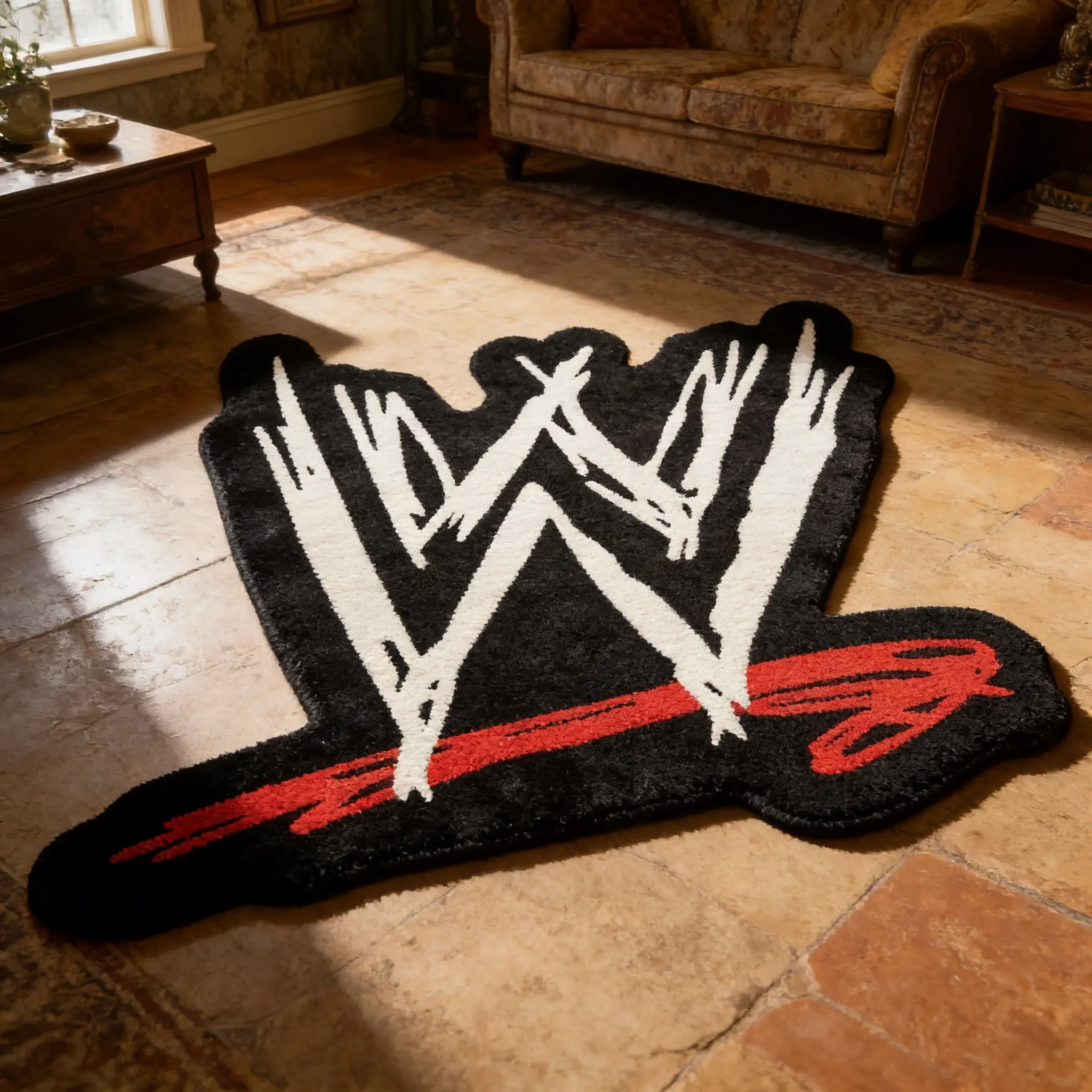 Irregular Shape American Vintage Letter W Print Large Area Rug, Washable Plush Carpet for Living Room Bedroom Office, Fluffy Rug, Irregular Design Rug, Decorative Rugs, Home Decorative Rug, Indoor Area Rugs