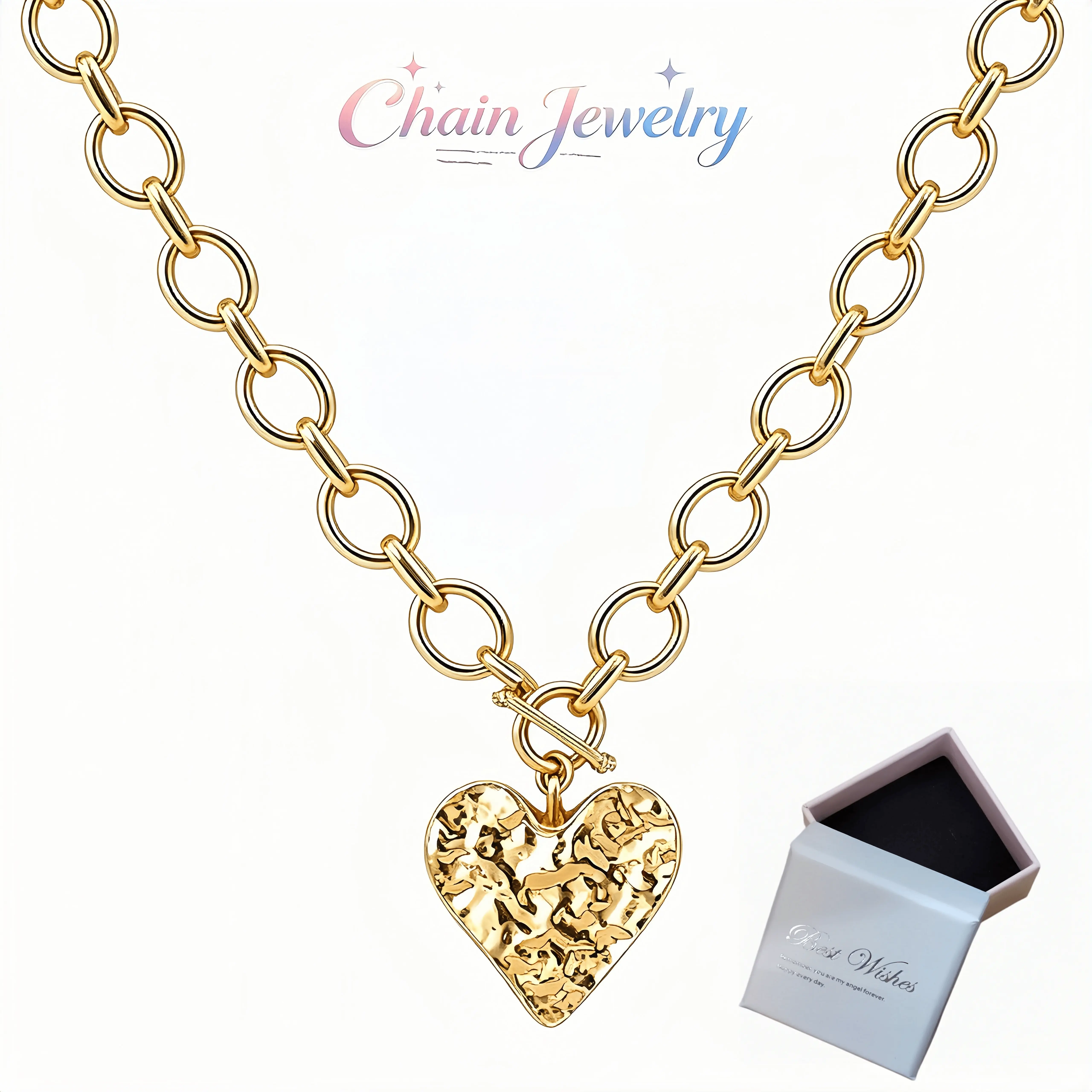 Gold Plated Alloy Chunky Hammered Heart Toggle Link Chain Statement Women Necklace