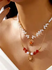 Vintage Sun Pendant Necklace, Dual Layer Pearl Choker, Bohemian Beaded Lariat Chain, Women's Fashion Jewelry, Colorful Design, Dainty Boho Necklace