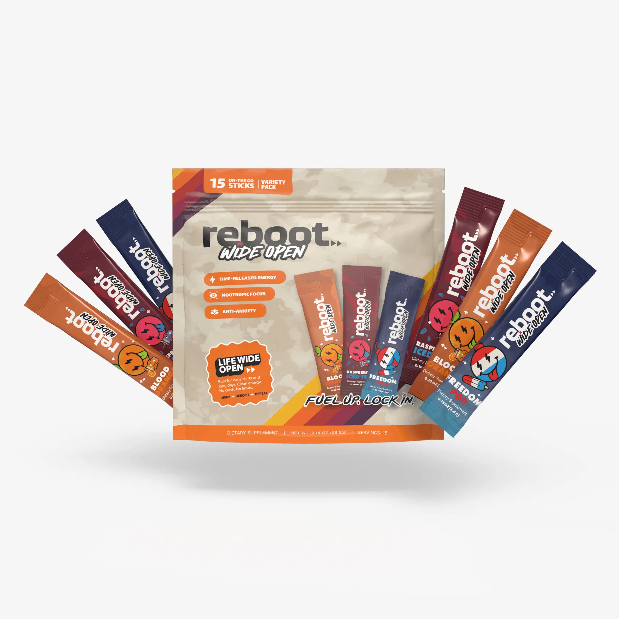 Reboot Wide Open Energy Drink Mix Variety Pack | 15 Servings | Brain & Body Support: Creatine Monohydrate, L-Theanine, L-Tyrosine, Alpha-GPC
