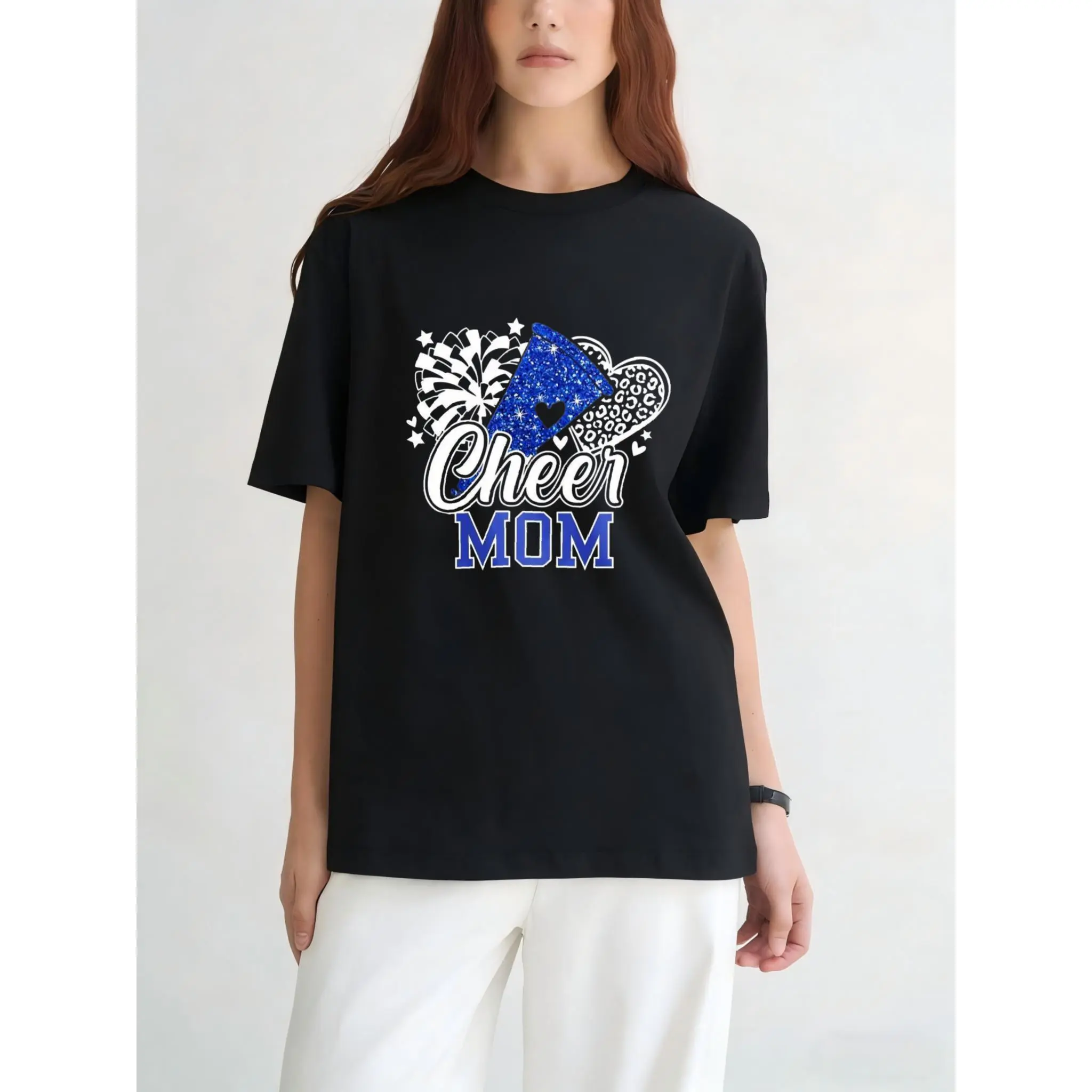 Women's Cotton Short-Sleeve Crew Neck Fitted T-Shirt - Black and Blue Casual Cheer Mom Top with Sparkle Pom-Pom, Stars Design for Cheerleading Events