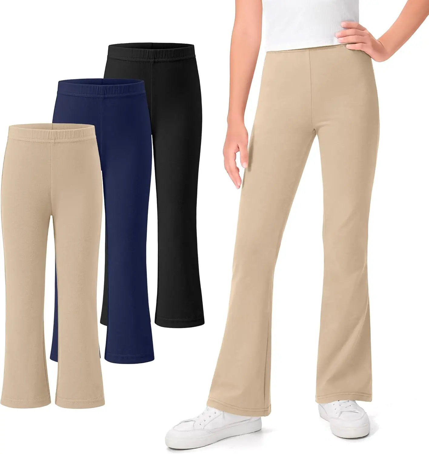 Girls' 3-Pack School Uniform Pants - Flare Bell Bottoms Leggings, Kids Clothing Girls
