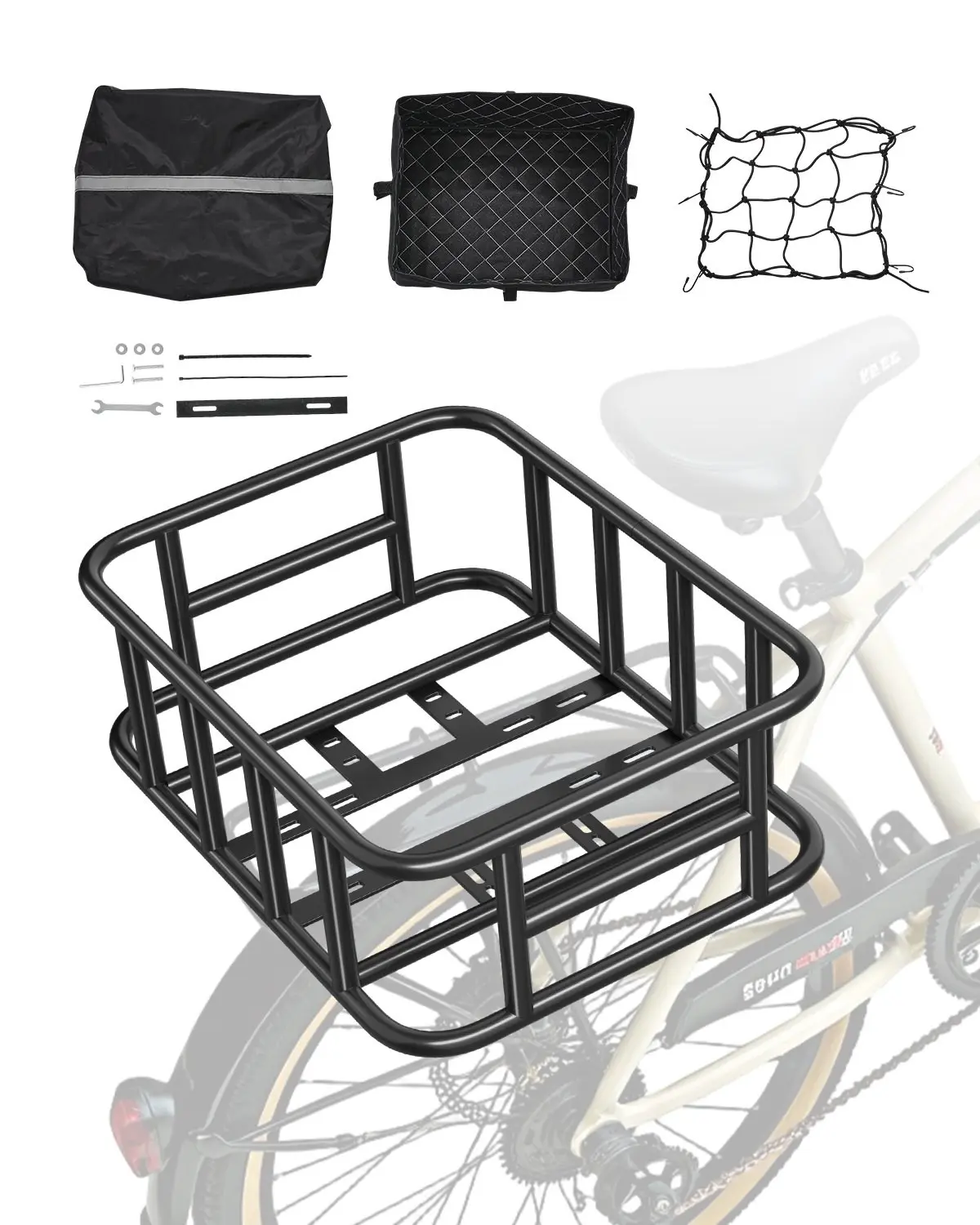Rear Bike Basket - Medium Size Bicycle Basket With Cargo Net, Rainproof Cover And Liner, Water-Resistant Nylon Construction, Durable And Easy To Mount, Fits Most Mountain, Road, Hybrid Bikes, Perfect For Shopping, Commute