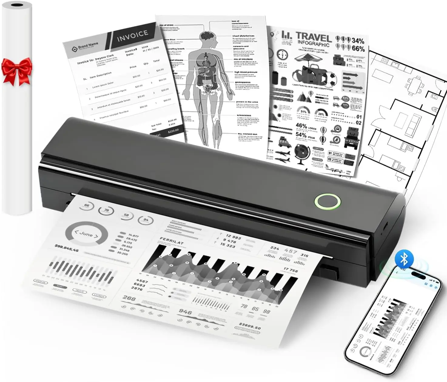 Portable Wireless Travel Printer N80 Bluetooth Thermal Printer Inkless Mobile Printer Supports 8.5 x 11 US Letter A4 Paper Compact Lightweight Document Photo Receipt Printer Compatible with iOS Android Laptops Travel Essentials