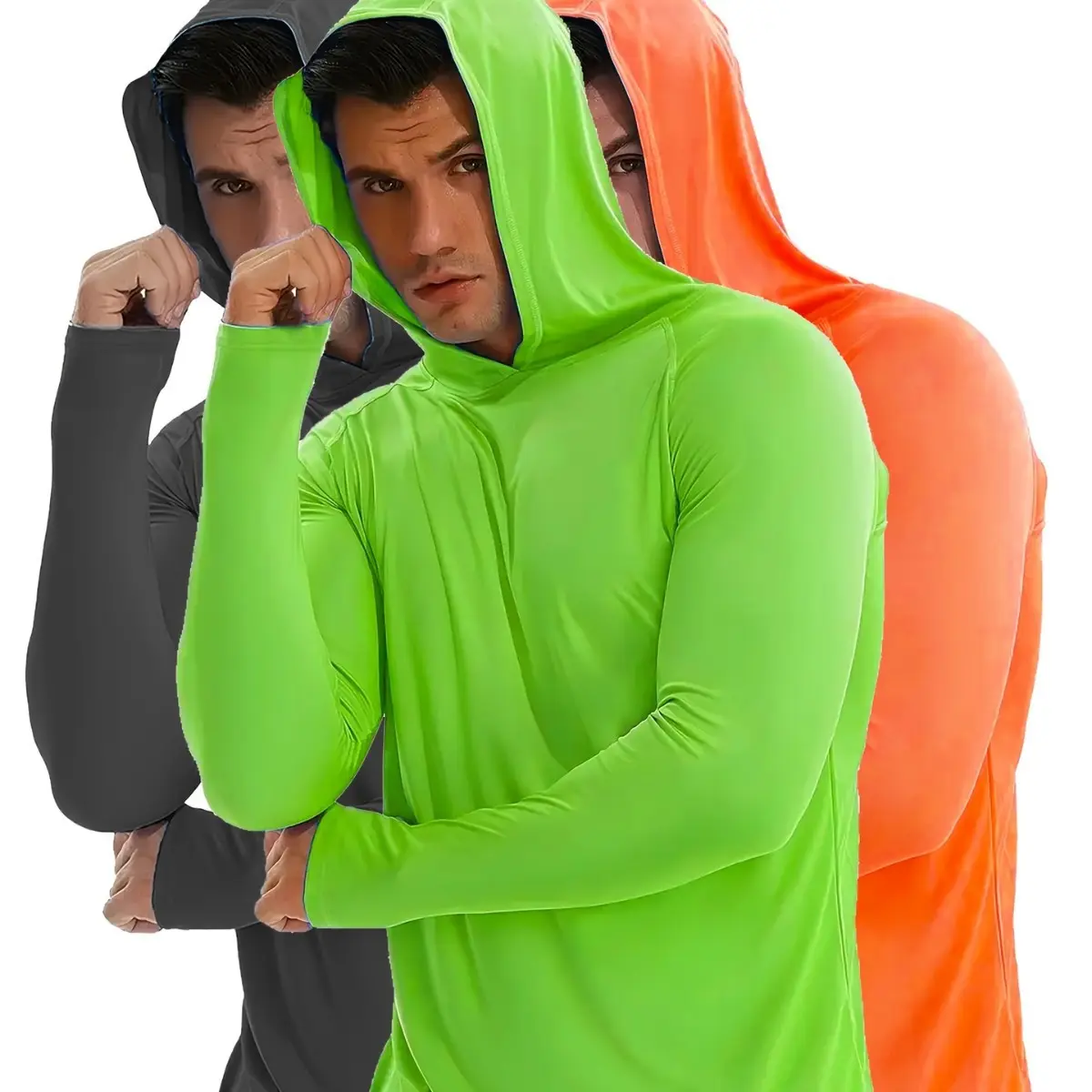 Men's Fluorescent Plain Long-Sleeve Breathable Knit Hooded Sun Protection Hoodie - Athletic Style Activewear, Sporty Tops (Pack of 3) for Outdoor Fishing, Training, Sporty Sports Tops
