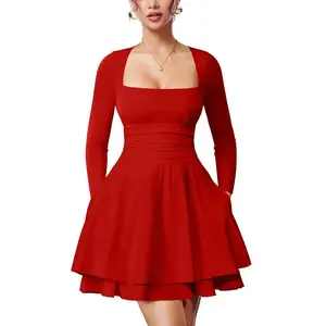 Women's Square Neck Ruffle Hem Mini Dress Ruched Waist Long Sleeve Corset Short Party Dresses With Pockets