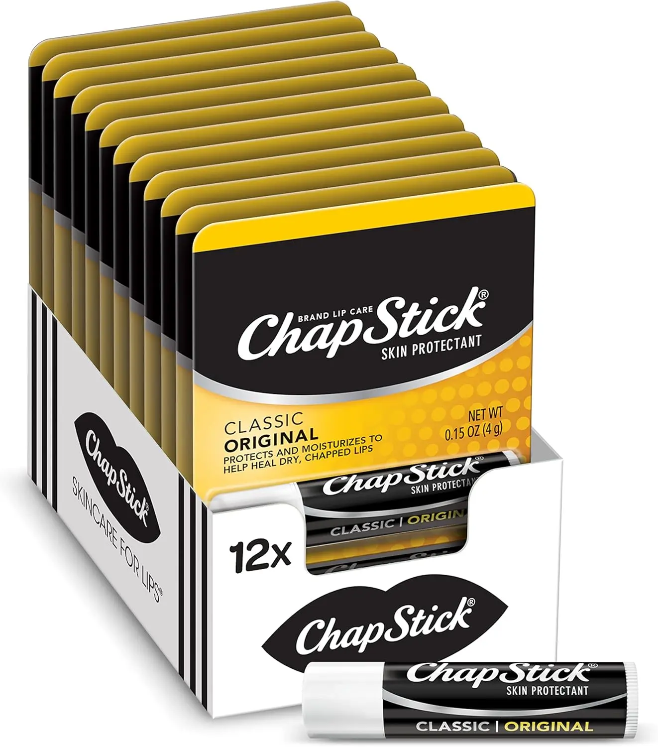 ChapStick Classic Strawberry Lip Balm, Daily Moisturizing Stick to Help Prevent and Heal Dry, Chapped Lips, 0.15 oz, 12 Count Multi-Pack, Silky, Adults, Regular, Helps Prevent And Heal Dry, Chapped Lips