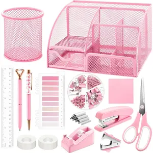 11 count Pink Office Supplies Set Mesh Desk Organizer Accessories Kit Include Stapler Tape Dispenser Staple Remover Clips Ruler  Sticky Notes for Office School Home Women (Pink)