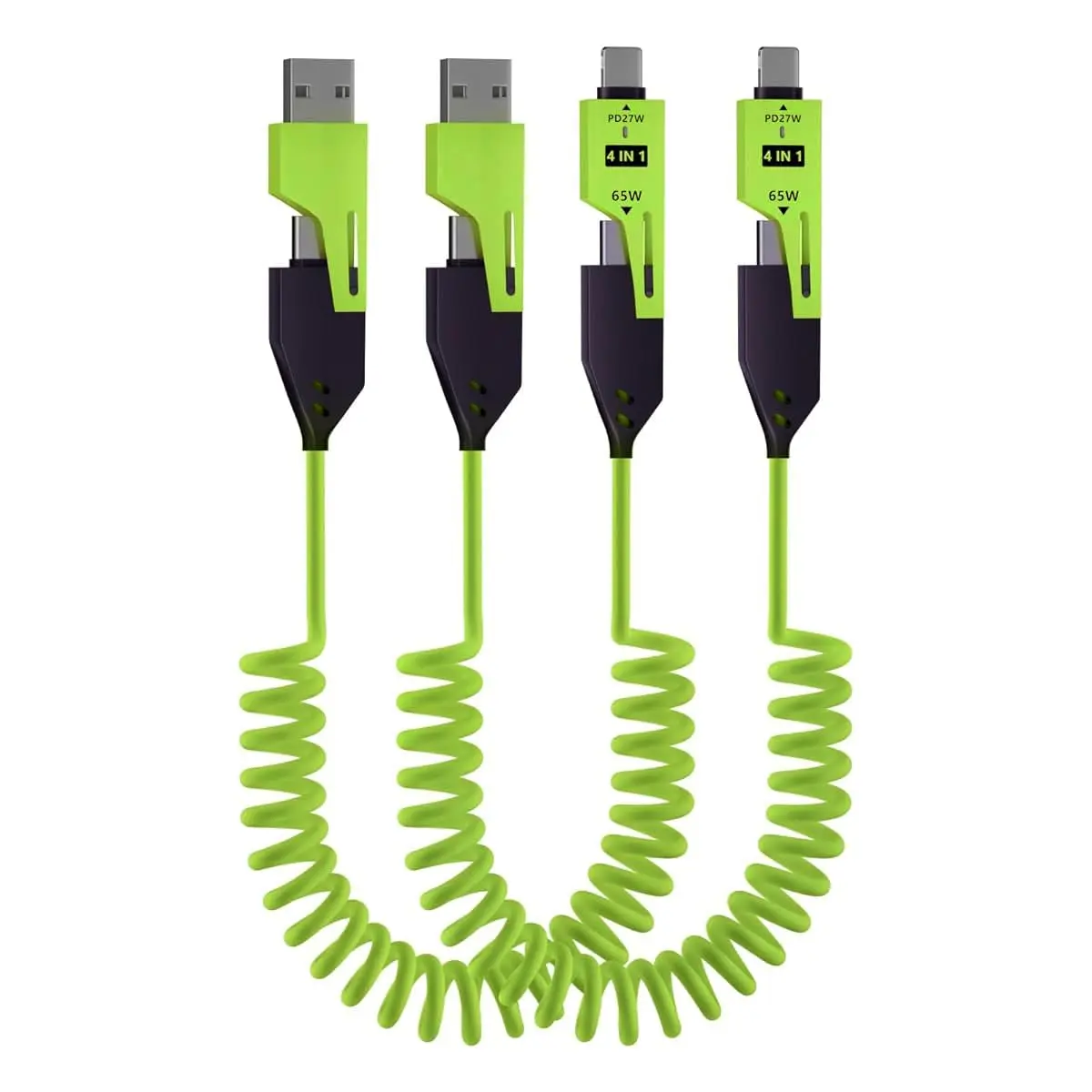 Fast charger cable - 65W USB-C PD Multi-Device Fast Charging, 1.2m/4ft Coiled Retractable, Compatible with iPhone, Samsung & Laptops (Green)