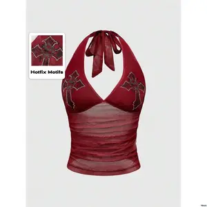 ROMWEGothCrossRhinestoneMeshSideRuchedHalterTop ForCarnival