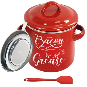 46 0Z Bacon Grease Container with Strainer -1.3L Large Capacity, With Silicone Spatula, Enamel Bacon Grease Keeper for Bacon Drippings, Farmhouse Red Kitchen Decor Dishwasher Safe Food Stainless Steel Home Utensils