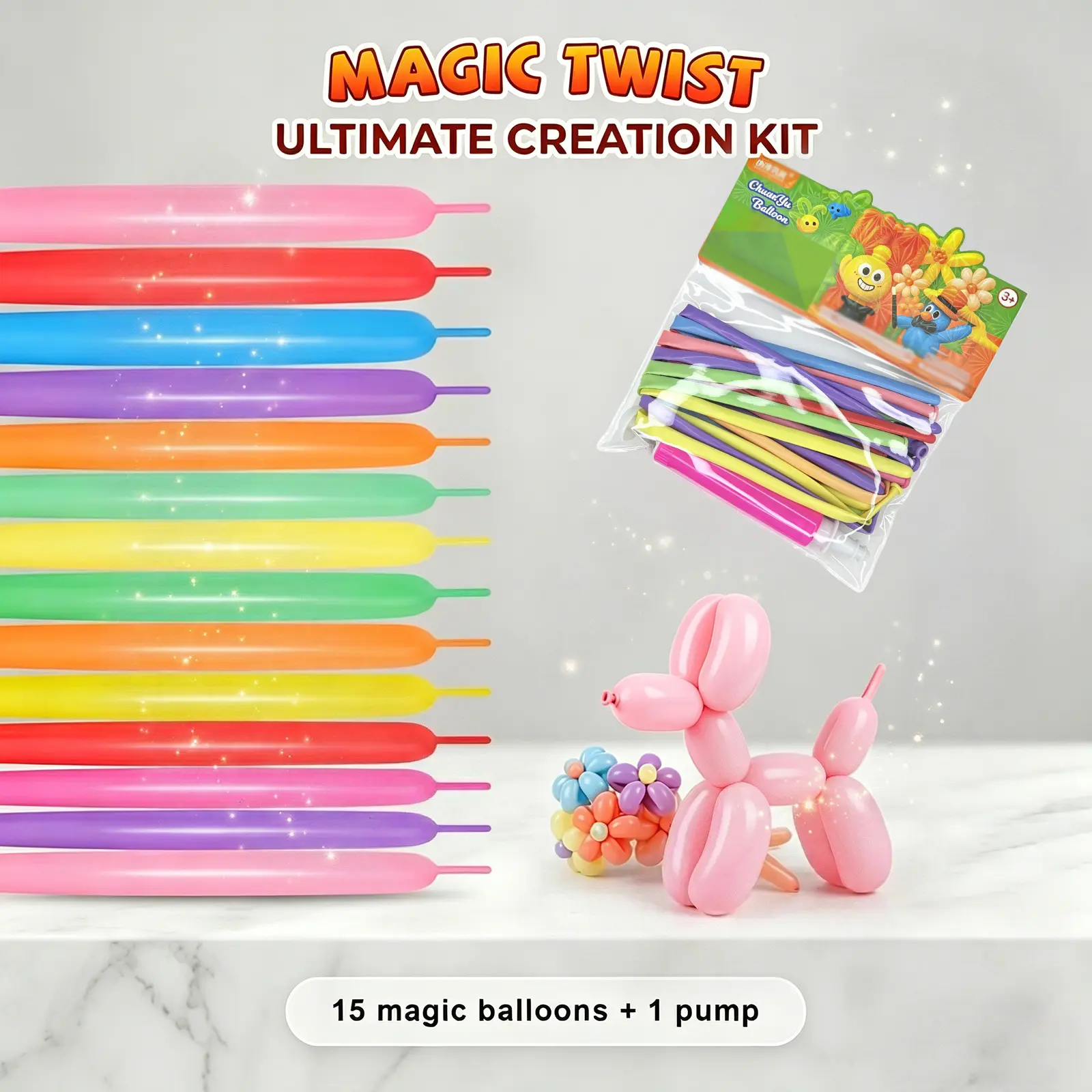Premium 15-Piece Magic Balloons Kit with Filling Pump, Long Pastel Animal Shaping Twisting Balloons, Kids’ Arts & Crafts for Happy Birthday Party Decorations, Pastels
