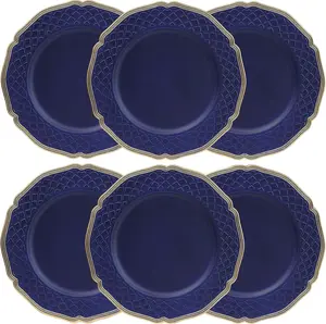 Royal Blue Charger Plates with Beaded Rims, Set of 6 Plastic Wedding Bulk Plate Charges for Dinner Plates, Table Decoration, Holiday, Thanksgiving, Christmas.