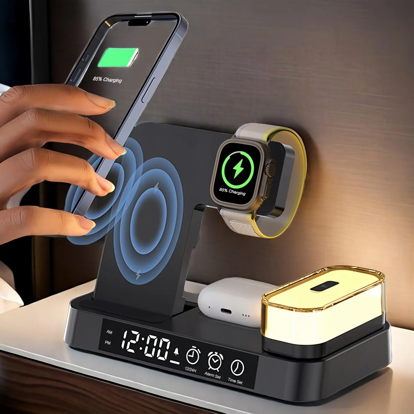 5 in 1 Wireless Charger, Multifunctional Wireless Charger with Adjustable Night Light & Digital Clock Function, Compatible with Most Qi Standard Devices, Smart Watch Charger