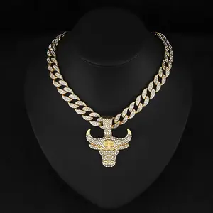 European and American hip-hop three-dimensional diamond-studded bull head pendant Cuban chain big gold chain Cool punk trendy necklace