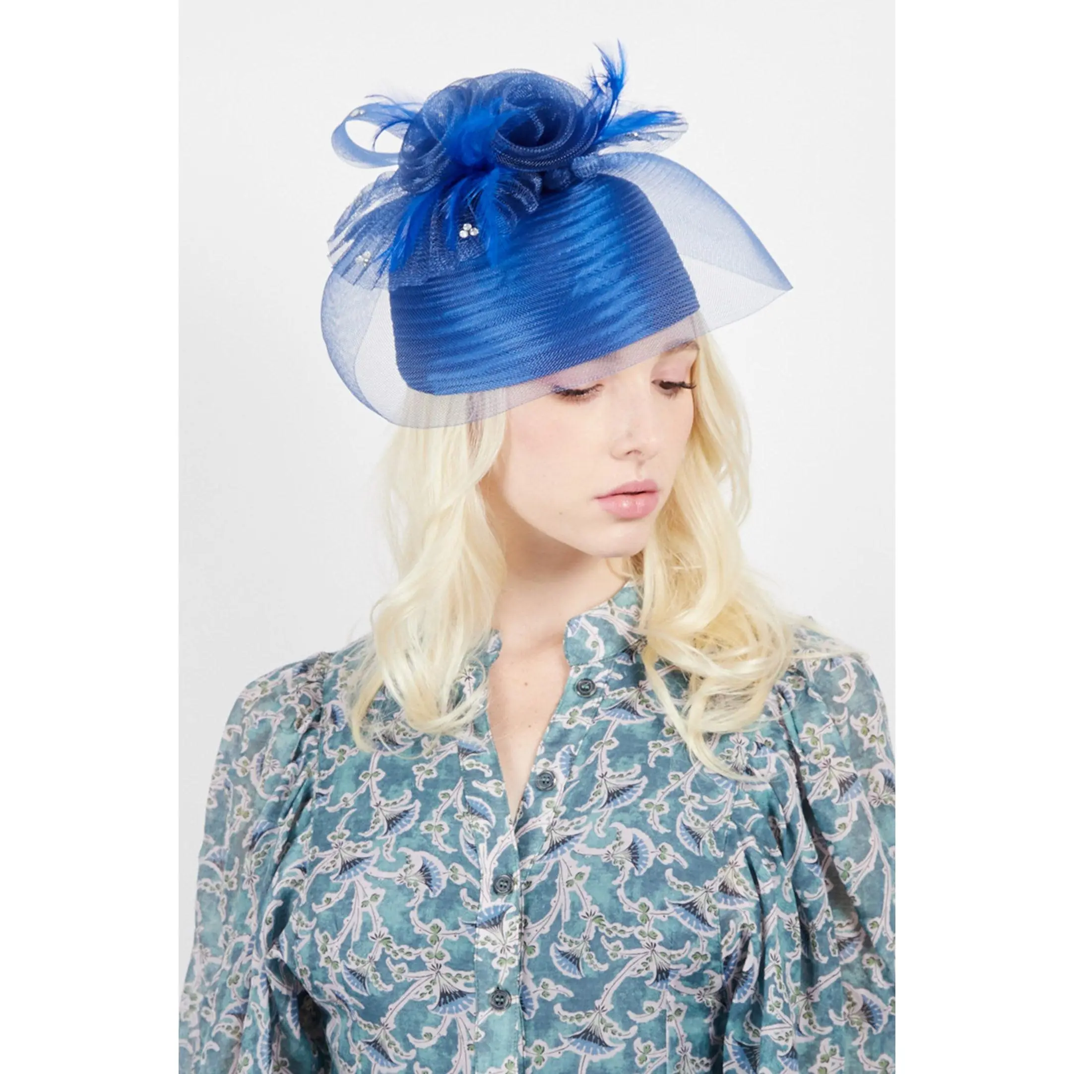 Grace Triple Rose Mesh w/ Feathers and Rhinestones Pillbox Hat