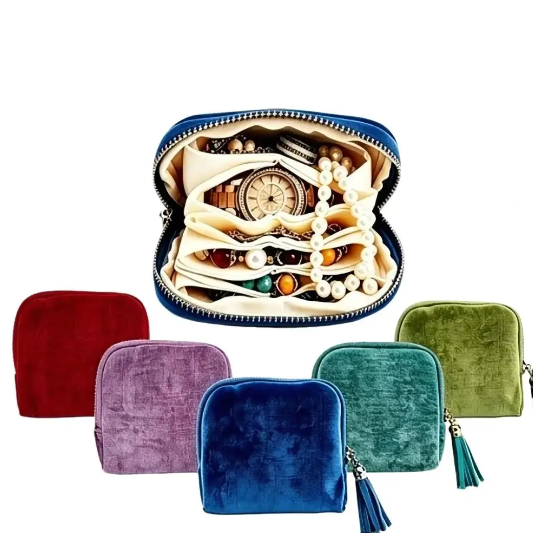 6-Layer Velvet Travel Jewelry Organizer Pouch, Compact Anti-Tangle Necklace Storage Bag with Tassel Zipper for Rings, Earrings, Bracelets & Watches, Portable Jewelry Case Gift for Women, Burgundy, Royal Blue, Mauve, Sage Green & Deep Teal, Travel Pouches,