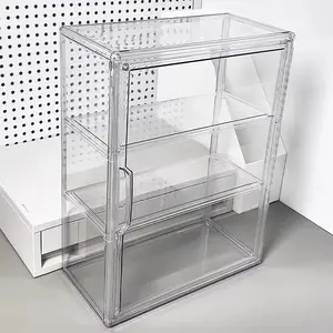 No-installation heavy-duty three-layer transparent acrylic display cabinet with magnetic doors — a dedicated transparent display cabinet for stores, home offices, and collectibles, featuring a space-saving modern design, Multi layer cabinet