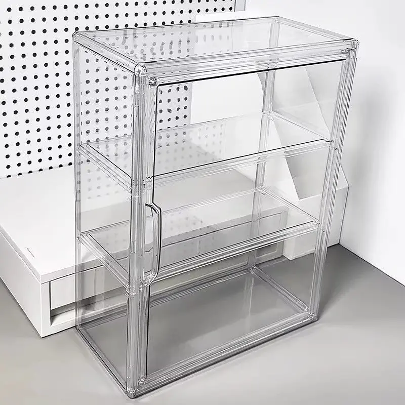 No-installation heavy-duty three-layer transparent acrylic display cabinet with magnetic doors — a dedicated transparent display cabinet for stores, home offices, and collectibles, featuring a space-saving modern design, Multi layer cabinet