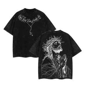 valentine shirts Oversized Washed Christian Tee: Bold Jesus Graphic, Summer Streetwear Menswear Top Round Neck Vintage