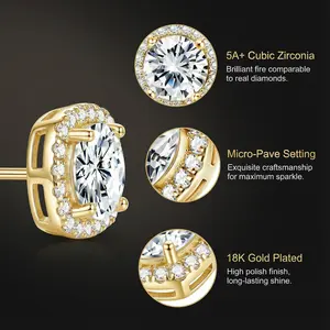 Halo Zircon Stud 4-Piece Set | Hypoallergenic Gold/Silver Plated Copper | Versatile Round Square Earrings | Gift Box Included | Women’s Holiday Birthday Jewelry Gift