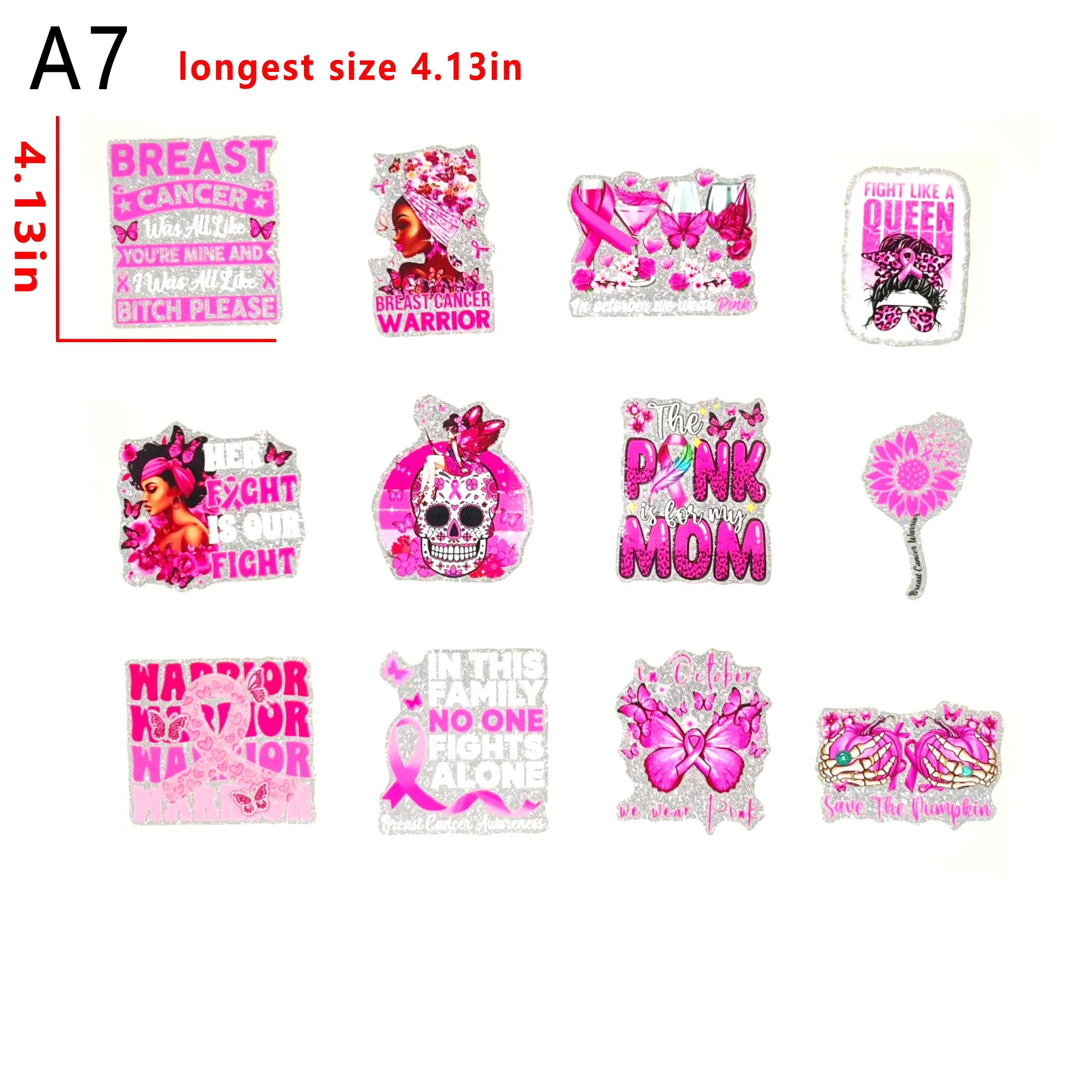 （G56) Glitter Sticker 12 PCS Breast cancer cup wraps 16OZ tumbler  Waterproof Customized Craft Sticker Adhesive Vinyl Decal Glitter Sticker DIY Kit Ready to Use Vivid Color Strong Stickiness