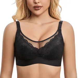 QOU Women's Full Coverage Underwire Bra: Plunging Lace & Rabbit Cups, Soft Smooth Breathable Fabric, Customized Fit, Adjustable Feminine Lingerie, Aesthetic Comfortable Basic Minimalist Style for Everyday Wear - Black Cute push bra Womenswear bras women