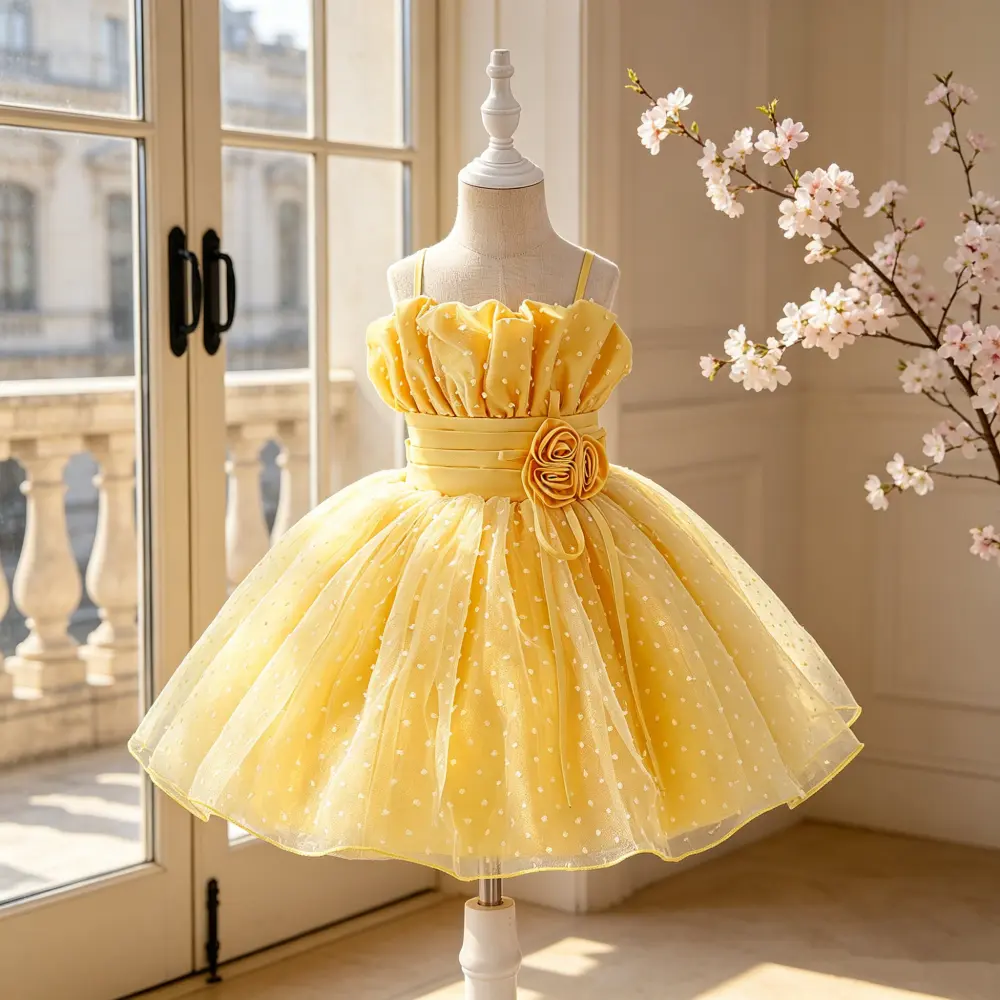 Girls' 6152 Floral Mesh Embroidered Tulle Ball Gown - Elegant Birthday Baptism Party Dress, Kids' Wedding Princess Costume for Piano Host Performance, Embroidered Tulle Dress, Birthday Clothes