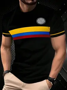Colombia National Team Fan Short Sleeve T-Shirt, Men's Football Jersey, Soccer Jersey, Graphic Print Casual Sports Top, Fitted Long Style