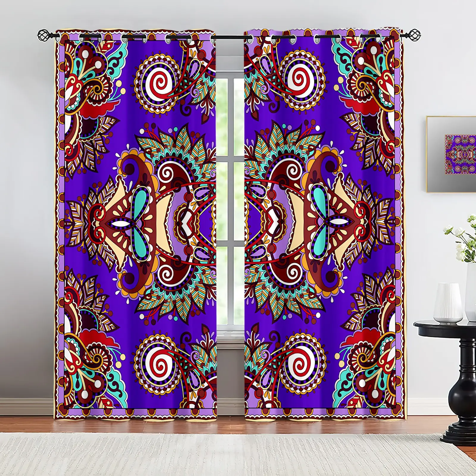 2 Panels Set Boho Paisley Digital Print Window Drapes, Vintage Ethnic Style Darkening Grommet Curtains, Thermal Insulated Privacy Blackout Drapes, Decorative Window Treatment for Living Room, Bedroom, Dorm, Home Office