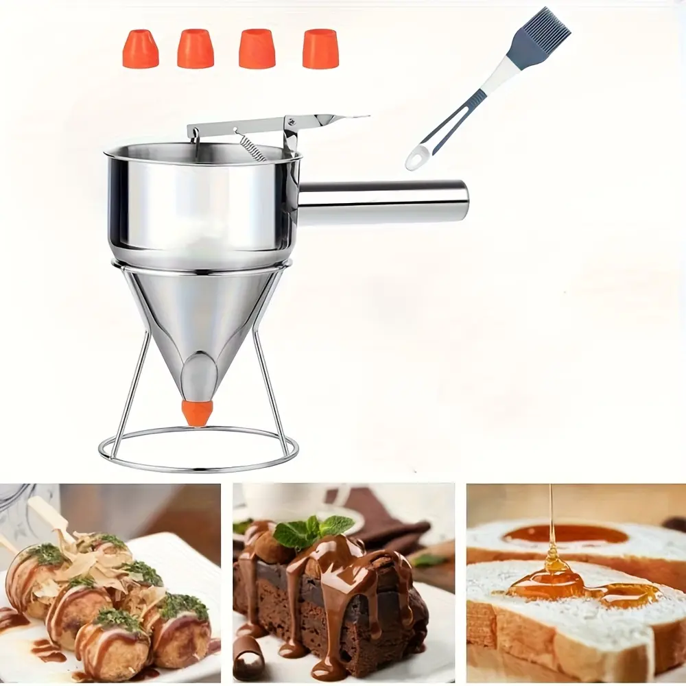 Stainless Steel Pancake Batter Dispenser with Squeeze Handle - 1200ml Leak-Proof Non-Electric Kitchen Tool for Funnel Cakes, Cupcakes,Candle Wax - Easy-Clean Design with 4 Orange Funnel Tips, Sturdy Construction,DIY Crafters