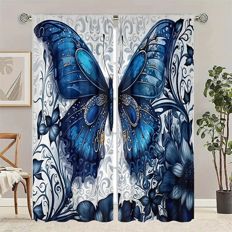 2pcs HD Digital Print Blue Butterfly Curtains, Polyester Material, Semi-Transparent Privacy Protection, Washable, Home Decor, Home Decoration Curtain, Window Curtain, Sheer Printed Curtains