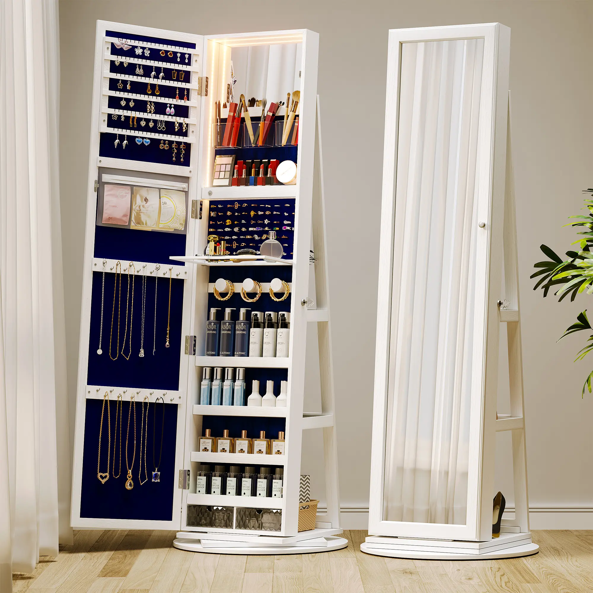 Vlsrka 360° Rotating LED Jewelry Armoire with Lockable Full Length Mirror, 3 Color Dimmable Organizer for Bedroom Decor & Gift