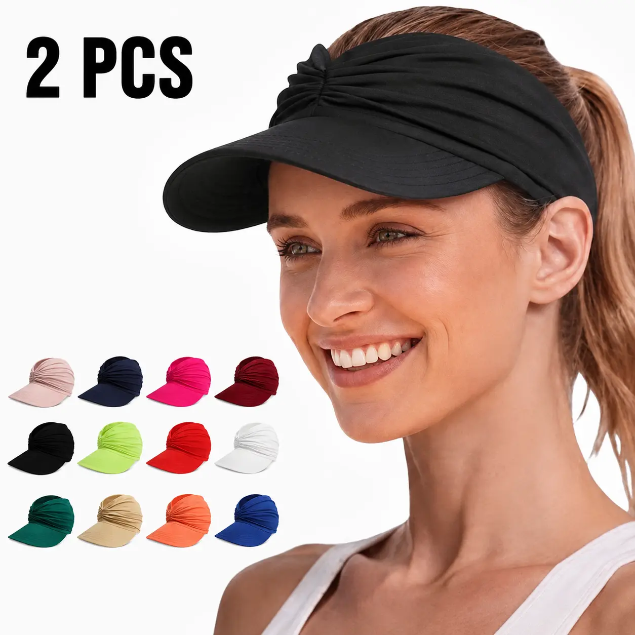 Women's High Ponytail Sun Hats (2 Pack), Plain Wide Brim Nylon Visor, UPF 50+ Foldable for Outdoor Beach & Running, Hats For Women, Visor Hat