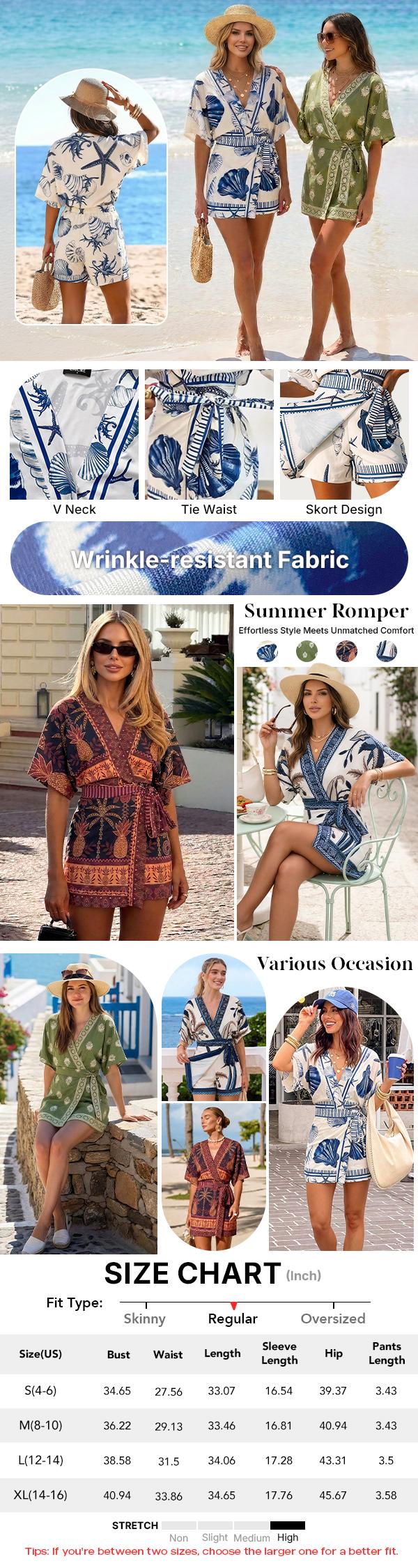 CHICME Women's Starfish & Seashell Print Overlap V Neck Half Sleeve Wrap Knot Side Romper Mermaidcore Stretchy Back Waist Vacation Romper