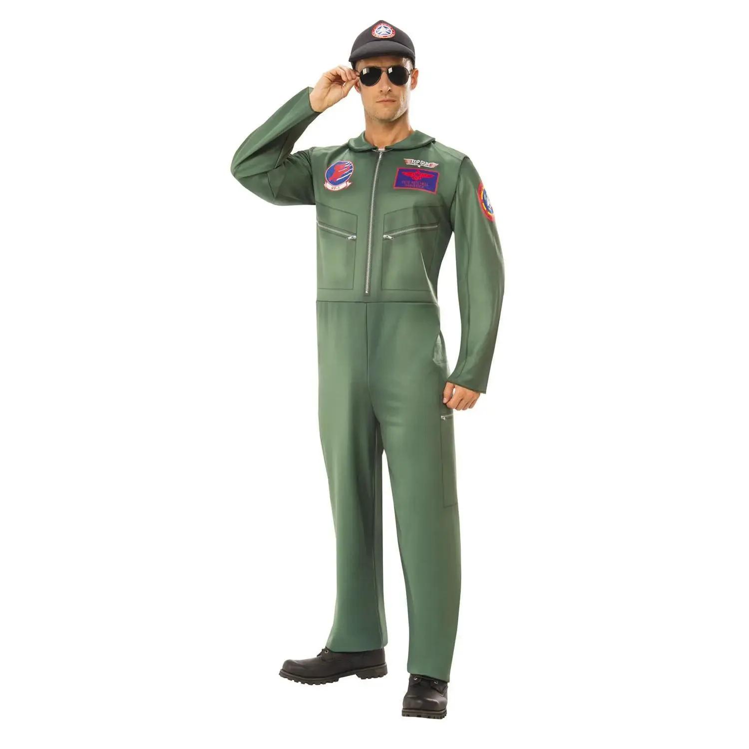 Men's Full-Length Vintage Print Polyester Fighter Pilot Jumpsuit, Top Gun Themed Costume for Halloween Parties, Ideal for Top Gun Enthusiasts, Menswear Cosplay Outfit