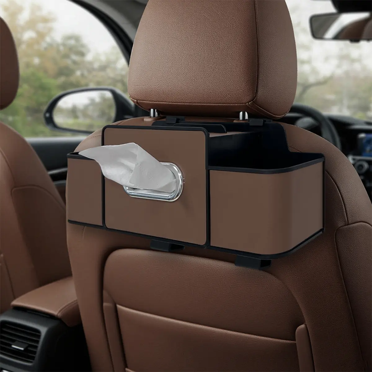 Car Back Seat Organizer 2 Cup Holders Leather Rear Seat Tissue Holder Car Backseat Storage Holder with Hook Multifunctional Backseat Headrest Hanging Box for Automobile Family Travel Brown