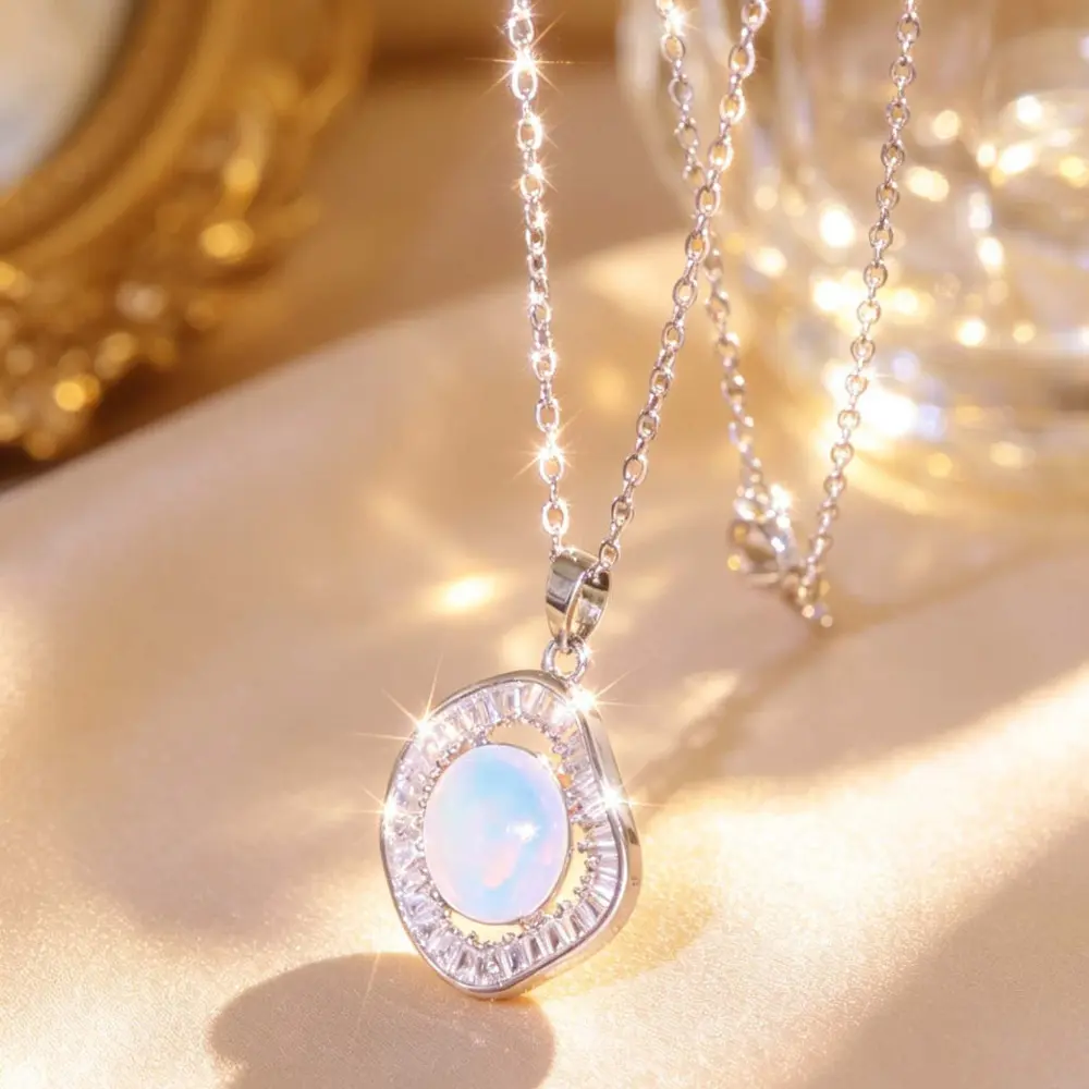 Women's Dainty Stainless Steel Moonstone Halo Necklace - Elegant Glowing Pendant, Smooth Lustrous Jade Accent, Crystal Necklaces for Birthday Gifting, Military Spouses, Evening & Casual Wear, Note Choking Hazard Small Parts, Ethnic, Female, Her, Hook, Int