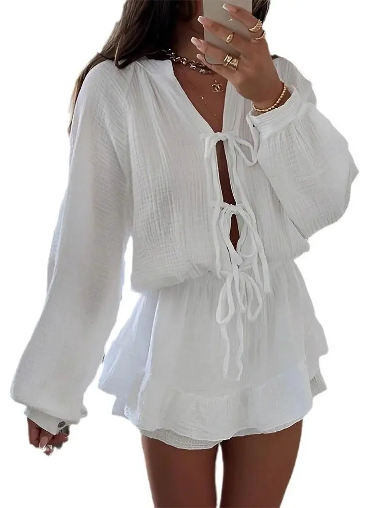 Women's Fashion 2-Piece Casual Outfit - Long Sleeve Lantern Tie-Waist Cardigan, Round Neck, High-Waisted Solid Short Skirt Women's Clothes Ensemble, Lady, Longsleeves, Elegant, Chic, Lantern Sleeves, Plain, Basic, Dress, All Seasons, Corduroy