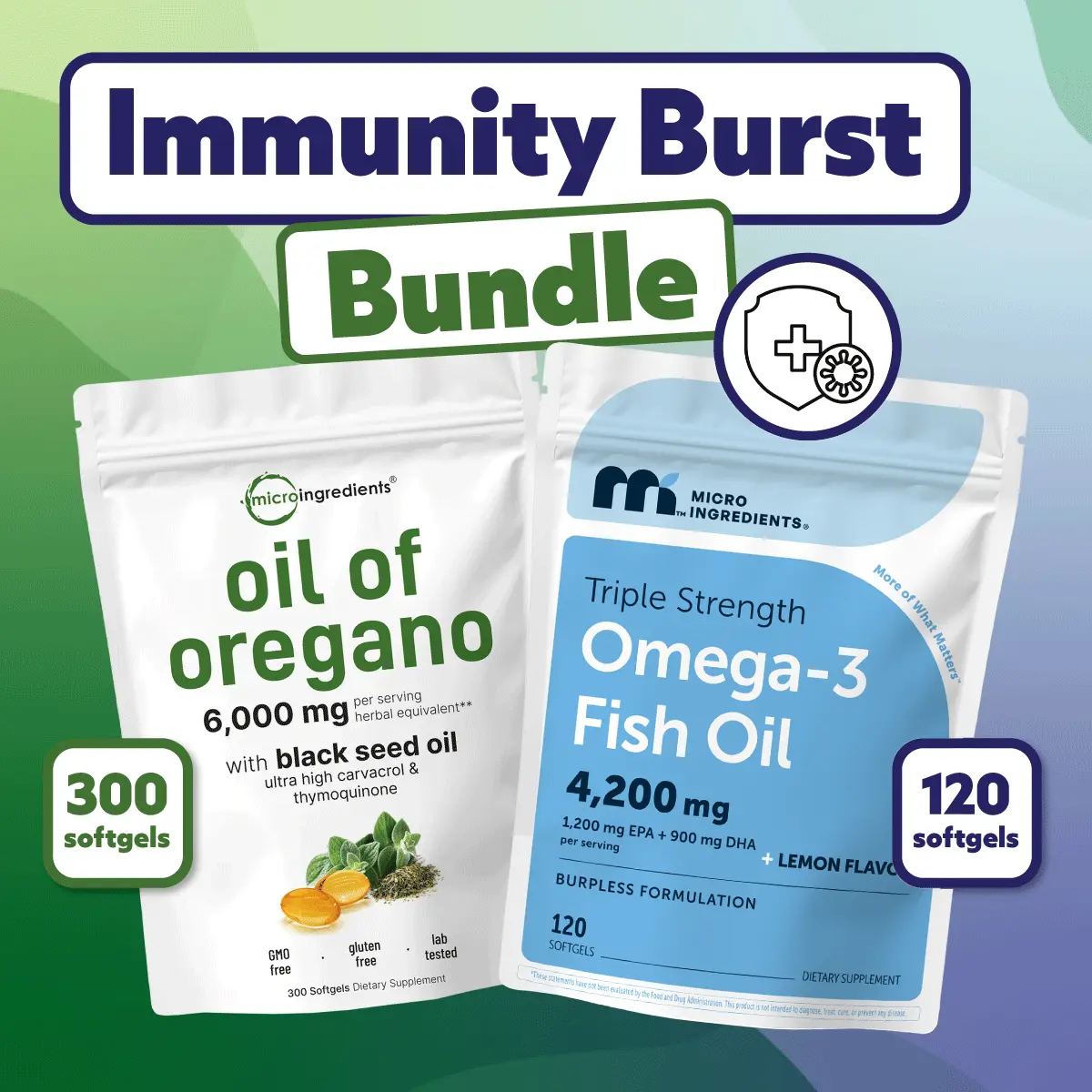 Micro Ingredients Immunity Burst Bundle: Oregano Oil with Black Seed Oil & Triple Strength Omega 3 Fish Oil Softgels