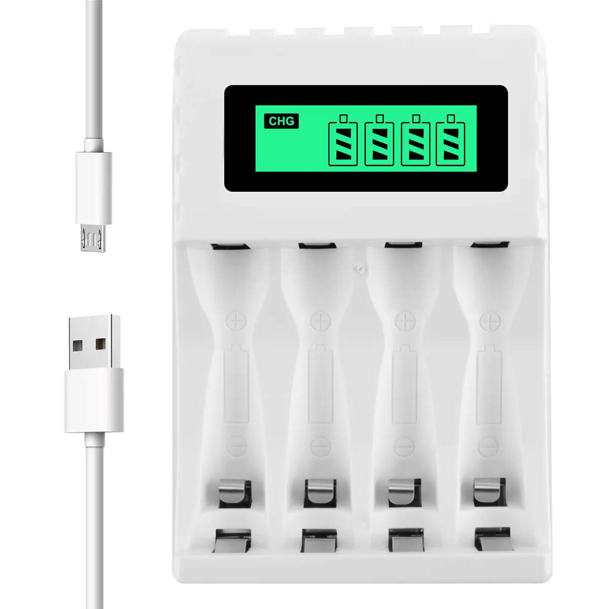 4-Slot LCD Display Intelligent Plug-In Battery Charger with AC Input, DC Output, Charging Protection, Intelligent Cut-Off, Trickle Charging for AA/AAA NiCd NiMh Rechargeable Batteries (Multiple Slots Household Charging Device)
