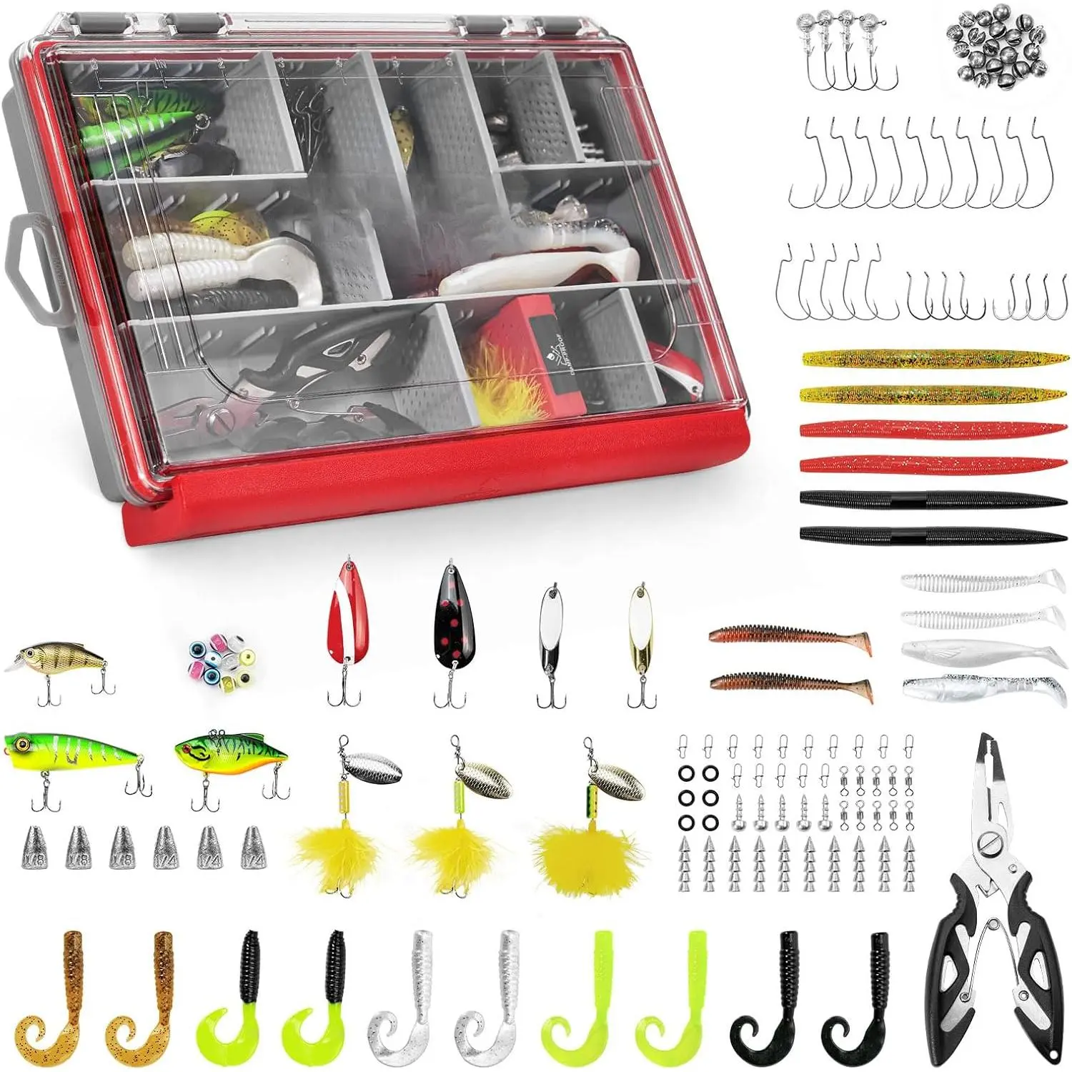 182/265/400pcs Compact Fishing Tackle Kit - All-in-One Freshwater Hooks, Weights, Bobbers in Tackle Box, Fishing Gear Set  Bass Trout Panfish