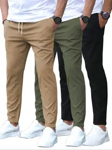 Men's Fashion Solid Color Plain Casual Long Pants, Spring & Fall Woven Fabric, Fitted Style, Moderate Thickness, Comfortable Everyday Wear