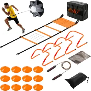 20FT Agility Speed Training Equipment Kit – Ladder with 12 Rungs, 12 Cones, 4 Hurdles, Resistance Parachute & Jump Rope for Soccer, Football, Basketball Footwork Drills