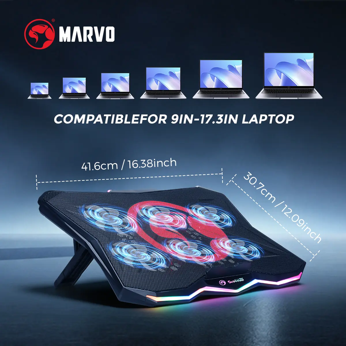 Marvo Gaming Laptop Cooler with Adjustable Cooling System, Customizable Cooling, 6.5-45° Ergonomic Stand, 570-800RPM Variable Speed Fan, Strong Airflow, 2 USB Ports, RGB Lights, Stylish Touch, 9-17.3 inch Laptop Compatibility (for Gamers, Office Use)
