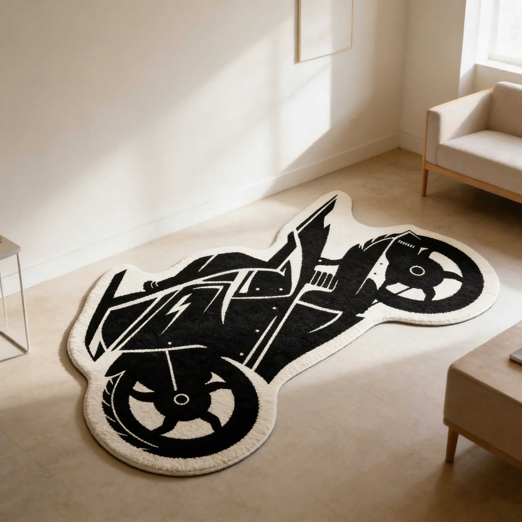 Black and white motorcycle shaped carpet with minimalist lines, Fluffy modern Polyester fiber rug, plush floor mat for living room, e-sports room, anti slip and wear-resistant foot mat, suitable for motorcycle trend style