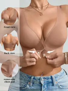 Women's Comfortable Front Buckle Bra, Bralette, No Underwire Design, Soft Lined Everyday Wear, Medium Support, Fit, Plain Pattern, All Seasons, Underwear