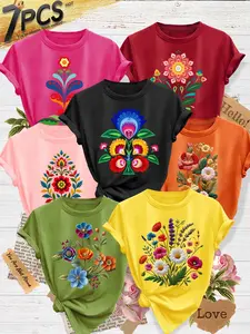 7Pcs Women's Crew Neck T-Shirts, Minimal Folk Floral Series Print, Multiple Colors Available, Machine Washable, Spring & Summer Tops, Soft Skin-Friendly Fabric, Daily Versatile, Fashion Design