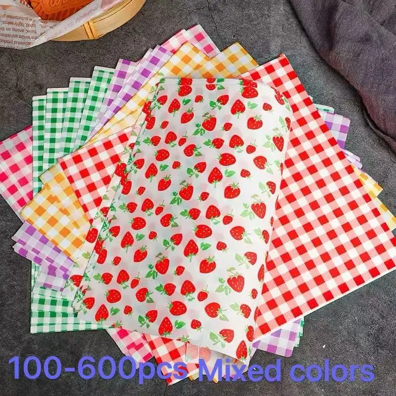 100-600 Sheets Colorful Oil Paper, Strawberry Grid Bento Box Liner, Simple Meal Pad, Cake Decoration, Bakeware, Bakery Supplies, Modern Style for Bakery